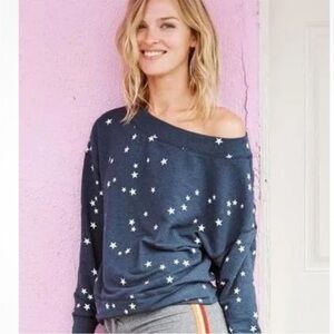 Sundry Navy Blue Star Print Off Shoulder Boat
Neck Long Sleeve Sweatshirt Top 0